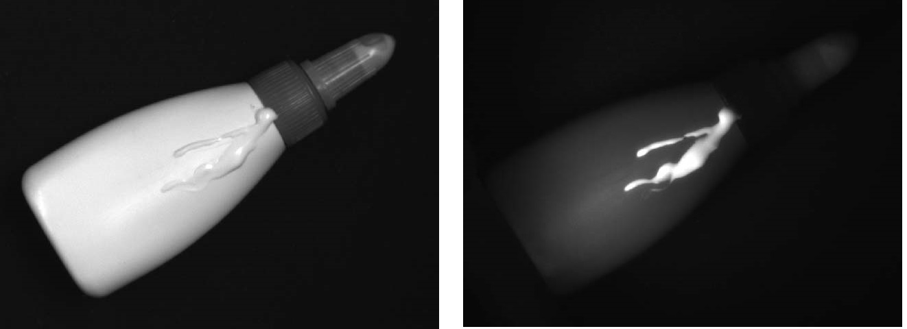 Hard to see white glue on plastic bottle fluoresces and appears bright under UV radiation