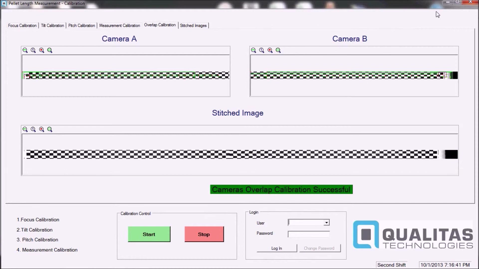 Overlap calibration screen with a successful stitched image from both cameras