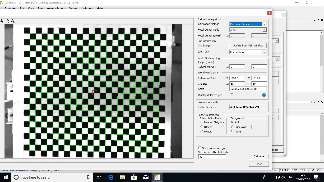 Sherlock calibration screenshot with a detected checkerboard