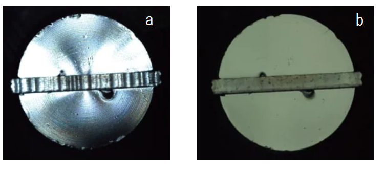 Inspection of screw heads with (a) standard lighting that is being reflected at all alignments (b) coaxial lighting where change from curved to flat is clearly identified